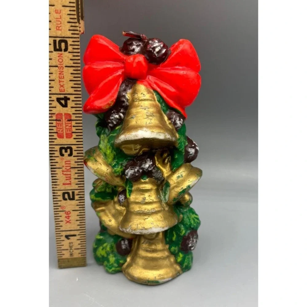 Vtg Christmas Wax Candle Gold Bells with Red Bow‎ & Greenery
